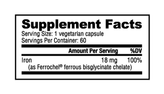 NUTRABIO - Iron (18mg) 60 Vegetable Capsules Pure Nutrition